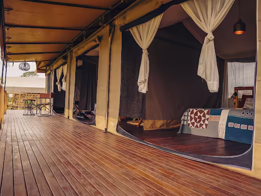 Tent verandas along a timber walkway