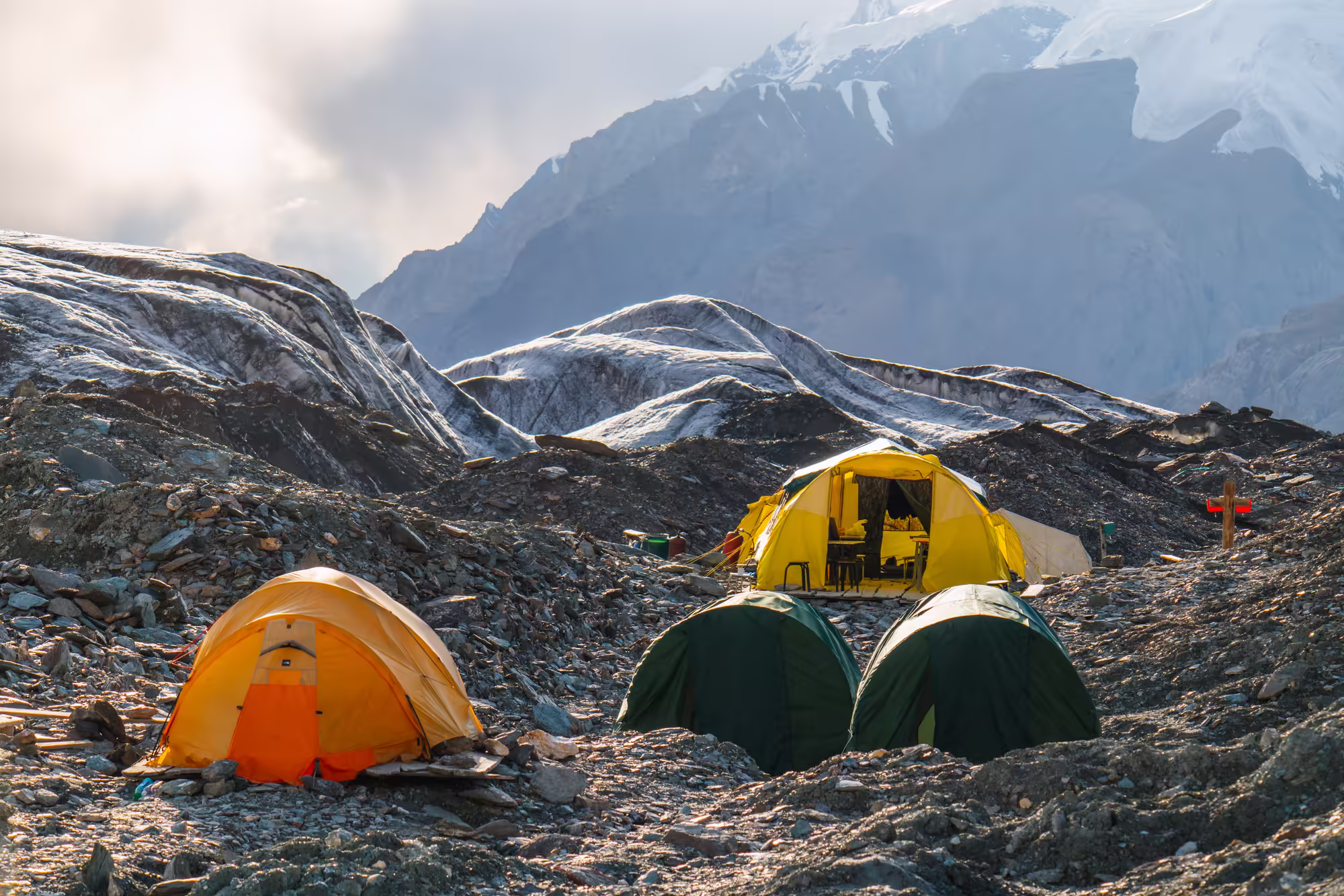 Mountaineering tents in a rocky mountain
